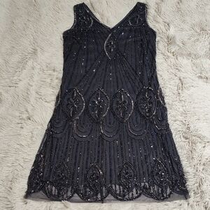Prelude Beaded Sheath Dress Slate Blue Sleeveless Sequins Evening Dance Hoco 6